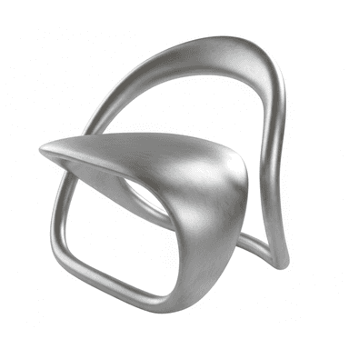A modern, sculptural chair with a fluid, continuous form. It appears to be made from a single piece of material, shaped into a seat and a supporting backrest that curves upwards and forwards. The base is formed by loops that provide stability. — 3D model (AI enhanced source)