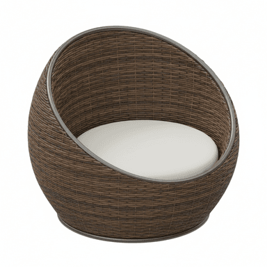 A contemporary globe-shaped lounge chair, featuring a deeply curved body constructed from dark brown woven synthetic rattan. The spherical form is supported by a subtle metal frame, visible as a trim around the edges and base. A circular, white fabric cushion provides seating within the chair's recessed interior. The design suggests a cozy, encompassing seating experience, suitable for modern or outdoor settings. — 3D model (AI enhanced source)