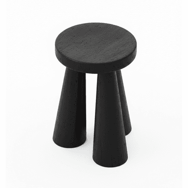 A minimalist stool featuring a circular flat top seat and three robust conical legs, all crafted from solid wood and finished in a matte black, showcasing subtle wood grain texture. — 3D model (AI enhanced source)