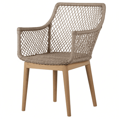 A contemporary armchair featuring a natural wood frame with a woven rope seat, back, and armrests. The chair has a light brown woven material in an open grid pattern, forming the contoured backrest and integrated arms. The base consists of four tapered, light-colored wooden legs. The design suggests suitability for both indoor dining or accent use. — 3D model (AI enhanced source)