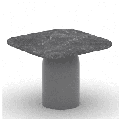 A modern accent table featuring a distinctive rough-hewn natural stone top resting on a smooth, cylindrical pedestal base. The top has an organic, irregular shape and textured surface, while the base provides a sleek, minimalist contrast. The overall design emphasizes natural elements and clean lines. — 3D model (AI enhanced source)