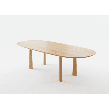 A minimalist dining table with a light wood oval top supported by four thick, rounded wooden legs. The design is clean and contemporary, showcasing the natural grain of the wood. — 3D model (AI enhanced source)