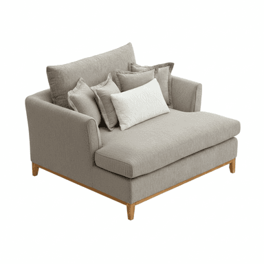 A contemporary chaise lounge featuring light gray fabric upholstery, a deep seat, and a low-profile backrest. It is supported by a minimalist exposed wooden frame with short, splayed legs. The chaise comes with multiple loose back cushions and a small white decorative pillow. — 3D model (AI enhanced source)