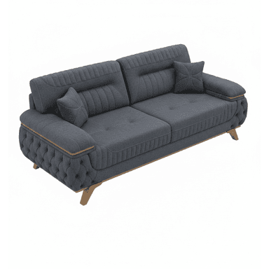 A contemporary three-seater sofa upholstered in dark gray fabric, featuring deep button tufting on the exterior side panels and channel stitching on the back cushions. It has light wood accents on the armrests and angled wooden legs. — 3D model (AI enhanced source)