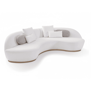 A contemporary curved sectional sofa upholstered in a white, textured bouclé-like fabric, featuring a sinuous, organic silhouette. The sofa rests on a visible natural wood plinth base that follows its undulating form. It includes several matching and contrasting throw pillows in white and grey tones, enhancing its comfort and modern aesthetic. The design prioritizes soft lines and a seamless appearance, with integrated backrests. — 3D model (AI enhanced source)