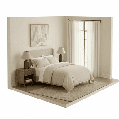 A bedroom scene featuring a bed, nightstand, artwork, and window treatments. The bed has a light-colored upholstered headboard and a duvet cover in a neutral tone. A wooden nightstand with ribbed drawer fronts is positioned to the left of the bed. An abstract painting hangs on the wall above the headboard. Sheer curtains cover a window behind the bed. — 3D model (AI enhanced source)