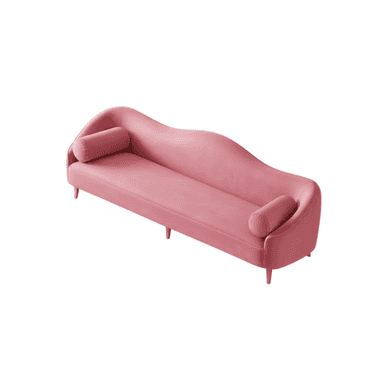A pink velvet chaise lounge with a curved silhouette, featuring a low back that flows into an armrest on one side and a rounded bolster pillow at each end. It is supported by four slender, angled legs. — 3D model (AI enhanced source)