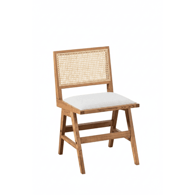 A contemporary dining chair constructed from wood, featuring a cane panel backrest and a light gray upholstered seat cushion. — 3D model (AI enhanced source)