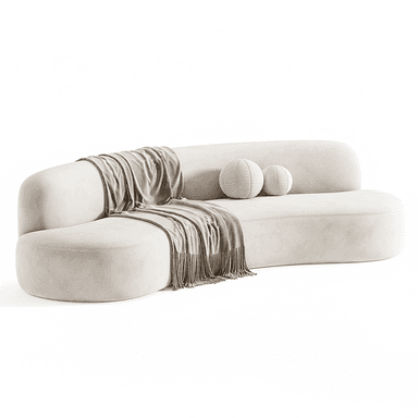 A contemporary curved chaise sectional sofa upholstered in a light beige fabric, featuring soft, organic lines and an integrated chaise extension. The sofa is accessorized with a draped light taupe throw blanket and two spherical, textured decorative pillows. — 3D model (AI enhanced source)