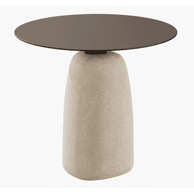A contemporary side table featuring a sculptural, rounded concrete base and a thin, circular dark metal top. The base has a textured, porous finish, while the top is smooth and matte. The design is minimalist and uses contrasting materials for visual interest. — 3D model (AI enhanced source)