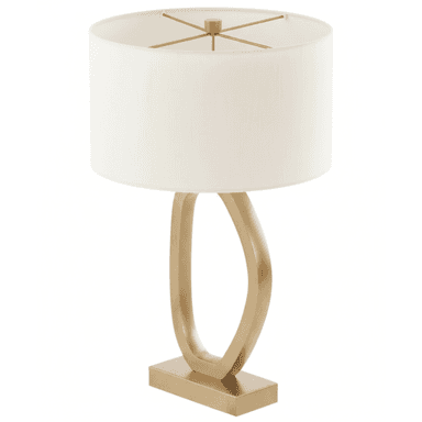 A modern table lamp featuring a sculptural, loop-shaped metal base with a brushed gold finish, supporting a simple cylindrical drum shade in a neutral cream fabric. — 3D model (AI enhanced source)