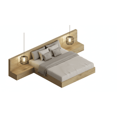 A modern platform bed system featuring a light wood finish. The design incorporates an extended headboard that acts as a back panel, flanked by integrated floating nightstands. Each nightstand is equipped with a black wire cage pendant lamp suspended above it. The bed itself has a minimalist platform base and is dressed with grey and white bedding and pillows. — 3D model (AI enhanced source)