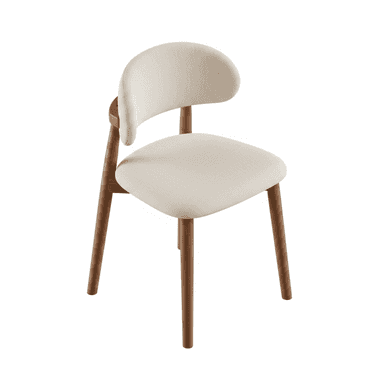 A modern dining chair featuring a light-colored upholstered seat and a distinctly curved, upholstered backrest, supported by a warm-toned wooden frame with slender, tapered legs. The design emphasizes clean lines and ergonomic comfort. — 3D model (AI enhanced source)