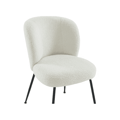 An armless upholstered chair featuring a rounded backrest and seat, covered in a textured, off-white boucle fabric. It stands on four slender, splayed black metal legs. — 3D model (AI enhanced source)