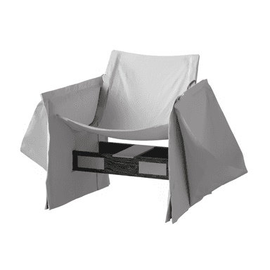 A contemporary lounge chair featuring a dark-stained slatted wooden frame over which a light grey fabric is loosely draped to form the seat, back, and armrests. The design is deconstructed and minimalist. — 3D model (AI enhanced source)
