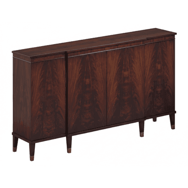 A long, low dark wood sideboard or credenza featuring four doors with striking book-matched veneer patterns, set on tapered legs with brass-capped feet. — 3D model (AI enhanced source)