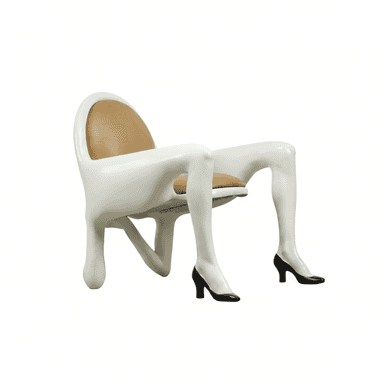 An avant-garde armchair featuring a white molded body shaped like a human torso, with integrated armrests and legs terminating in black high-heeled shoes. The seat and backrest are upholstered in tan leather or faux leather. — 3D model (AI enhanced source)
