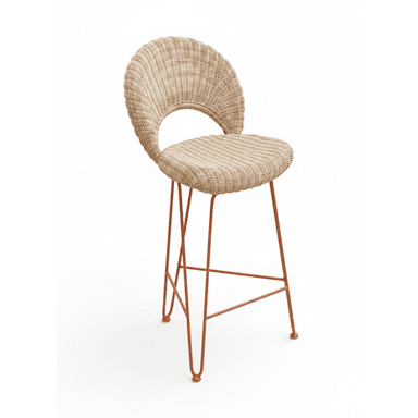 A contemporary bar stool featuring a woven rattan seat and a distinctive curved, open-back rattan backrest, supported by slender, rust-colored metal hairpin legs with an integrated footrest. — 3D model (AI enhanced source)