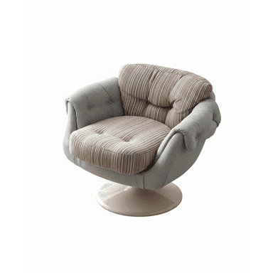 A contemporary armchair with a rounded silhouette, featuring a tufted backrest and a plush seat cushion. The armchair is upholstered in two distinct fabrics: a textured, light gray fabric for the main body and a striped fabric with shades of brown and white for the seat and back cushions. It is supported by a rotating, cream-colored pedestal base. — 3D model (AI enhanced source)