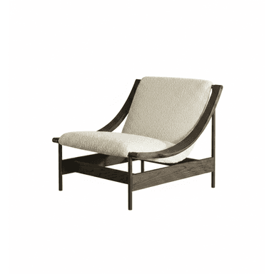 A contemporary lounge chair featuring a dark-stained solid wood frame with distinct curved armrests that flow into the backrest supports. The seat and back are upholstered with thick, textured, off-white bouclé fabric cushions, providing a comfortable and inviting aesthetic. The frame has a low-slung profile, emphasizing relaxation. — 3D model (AI enhanced source)