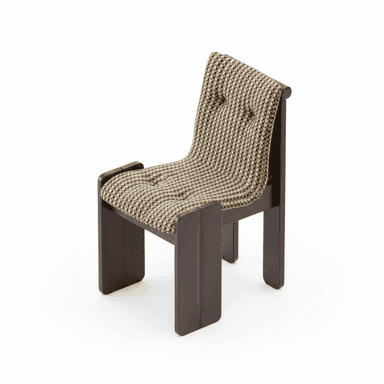 A modern accent chair featuring a robust, dark stained wooden frame with a block-like aesthetic. The seat and backrest are upholstered in a textured, woven fabric with a distinct beige and brown geometric pattern, exhibiting tufting details. — 3D model (AI enhanced source)