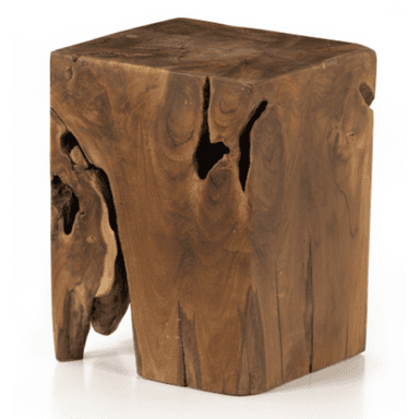 A rustic, natural cube-shaped piece of furniture made from a solid block of dark brown teak wood. It features natural voids, cracks, and an organic live edge, showcasing the wood's inherent character and grain variations. — 3D model (AI enhanced source)
