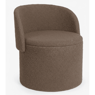 A compact, contemporary barrel-shaped accent chair upholstered in a textured brown bouclé fabric. The chair features a continuous, gently curved backrest that flows into integrated armrests, and rests upon a fully upholstered cylindrical base, giving it a solid and cohesive appearance. — 3D model (AI enhanced source)