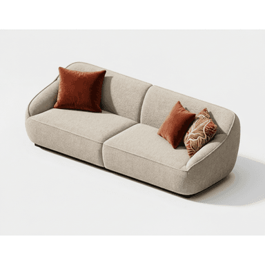 A contemporary two-seater sofa featuring soft, organic curves and upholstered in a light beige, textured fabric. The design incorporates rounded, continuous armrests and an integrated backrest. It sits on a dark, recessed plinth base, giving it a slightly floating appearance. The sofa is accessorized with two rust-colored velvet throw pillows and one patterned throw pillow, enhancing its comfort and aesthetic. — 3D model (AI enhanced source)