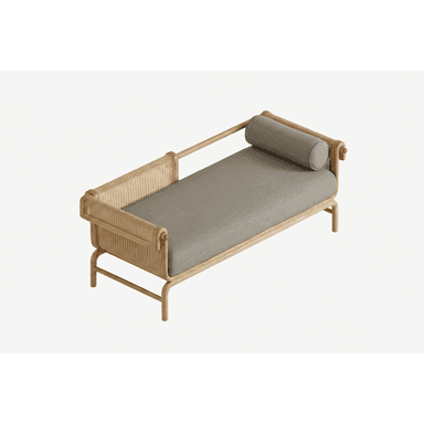 A contemporary daybed featuring a light-toned wooden frame, woven rattan detailing on one side, and a thick gray upholstered mattress with a matching cylindrical bolster pillow. The frame has gently curved edges, and the legs are integrated into the overall structure. — 3D model (AI enhanced source)