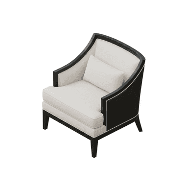 An elegant contemporary accent armchair with a prominent exposed dark wood frame and light-colored upholstery. The chair features a curved backrest and integrated armrests, along with straight, tapered legs. It includes a seat cushion, backrest cushion, and a matching lumbar pillow, all upholstered in a neutral fabric with contrasting white piping. — 3D model (AI enhanced source)