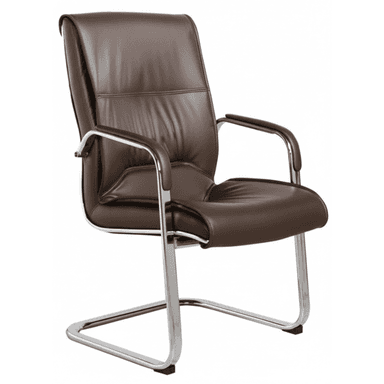 A modern office guest chair featuring a cantilever frame and upholstered in dark brown faux leather. The chair has a high backrest and padded armrests, with visible stitching details on the cushions. — 3D model (AI enhanced source)