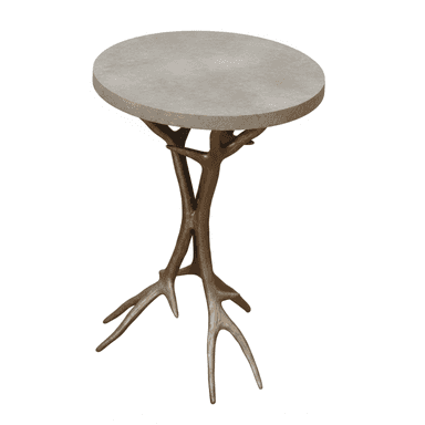 A round-top side table with a base designed to resemble tree branches or antlers. The tabletop is flat and circular, exhibiting a textured gray surface. The base is multi-legged, with slender, branching supports that spread out at the bottom, mimicking organic growth. The finish of the base suggests a metallic material with a patina. — 3D model (AI enhanced source)