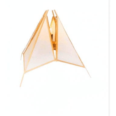 A table lamp featuring a sculptural, geometric shade constructed from light-colored, translucent panels framed by slender wooden or bamboo struts, illuminating with a warm glow from within. — 3D model (AI enhanced source)