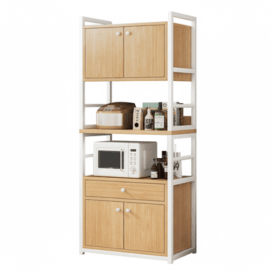 A tall, freestanding kitchen storage unit featuring a white powder-coated metal frame. It incorporates multiple storage options, including two upper closed cabinets, two open shelves, one pull-out drawer, and two lower closed cabinets. The shelves, drawer face, and cabinet doors are constructed from light-colored engineered wood with a natural wood grain finish. The unit is designed to accommodate various kitchen appliances and pantry items, demonstrating a practical and contemporary aesthetic. — 3D model (AI enhanced source)