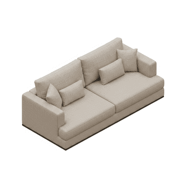 A contemporary two-seater sofa upholstered in a light beige textured fabric, featuring clean lines, wide track arms, and a low-profile design. It includes two back cushions and two accent pillows, all matching the upholstery. — 3D model (AI enhanced source)