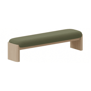 A modern upholstered bench featuring a minimalist light wood frame with rounded edges, supporting a thick, dark olive-green fabric cushion. The design emphasizes clean lines and a contemporary aesthetic, making it suitable for various interior settings. — 3D model (AI enhanced source)