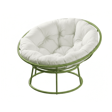 A green papasan chair featuring a circular, bowl-shaped frame wrapped in a woven material, supported by a separate base. It is fitted with a thick, tufted cream-colored cushion. — 3D model (AI enhanced source)