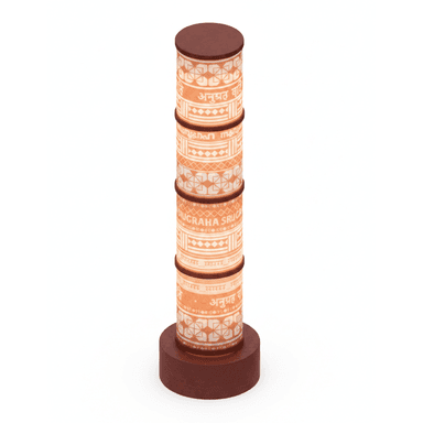 A tall, cylindrical floor lamp featuring a segmented body composed of multiple stacked sections, each adorned with intricate orange and white patterns including script. It has a round, dark wooden base and a matching top. — 3D model (AI enhanced source)