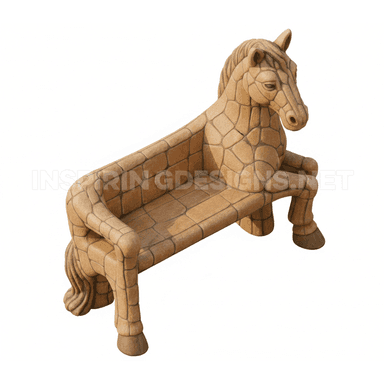 A unique, sculptural bench designed in the likeness of a horse, featuring a textured surface resembling mosaic tiling or patterned stone. The horse's head forms one end of the bench, while its tail forms the other, creating a distinctive and whimsical piece of outdoor seating. The surface appears to be a composite stone or concrete with a detailed, tessellated pattern. — 3D model (AI enhanced source)