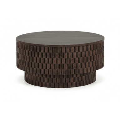 A dark brown round coffee table featuring a solid, circular top and a cylindrical base constructed from numerous individual rectangular wood blocks. The blocks are arranged in an offset, geometric pattern, creating a textured surface. The base is subtly tiered, giving it a stacked appearance. The overall aesthetic is modern and substantial, with a rich, dark wood finish. — 3D model (AI enhanced source)