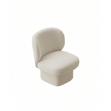 A modern, armless, upholstered accent chair featuring a rounded backrest that flows into a circular seat, all supported by a solid, cylindrical base, and covered in a light-colored, textured boucle fabric. — 3D model (AI enhanced source)