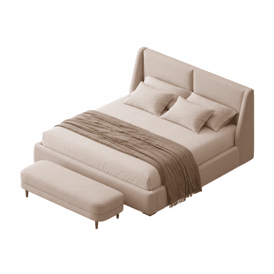 A modern upholstered platform bed featuring a high, slightly winged headboard with two vertical panels, accompanied by a matching upholstered end-of-bed bench with rounded edges and small wooden feet. Both pieces are in a neutral, light beige fabric. — 3D model (AI enhanced source)