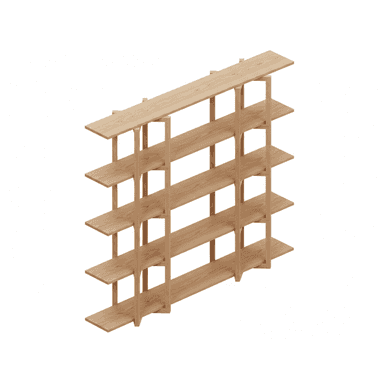 A modern, minimalist bookshelf with five shelves supported by a light wood frame. The shelves are horizontal planes, and the supporting structure consists of vertical elements connected by angled pieces, creating an open, airy design. — 3D model (AI enhanced source)