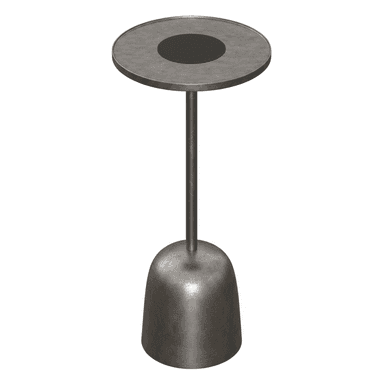 A small, industrial-style metal table featuring a round top with a raised rim and a central dark insert, supported by a cylindrical stem that widens into a bell-shaped, solid base. The metal has a textured, dark gray finish. — 3D model (AI enhanced source)