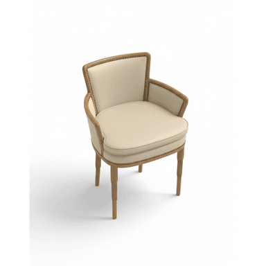 An elegant upholstered armchair featuring a barrel back design, exposed wooden frame with nailhead trim, and fluted tapered legs. The upholstery is a light cream or beige color, contrasting with the light-toned wood. — 3D model (AI enhanced source)