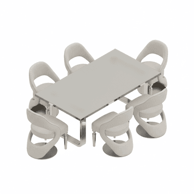 A complete modern dining set featuring a rectangular table with a light-colored surface and chrome legs, accompanied by six matching sculptural dining chairs upholstered in a light, textured fabric, each with a swivel base. — 3D model (AI enhanced source)