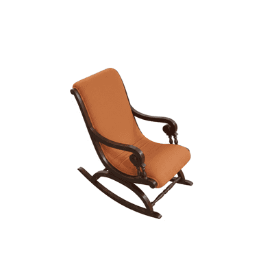 A traditional rocking chair featuring a dark-stained wooden frame with carved details and ornate armrests, paired with textured orange-brown upholstered seat and back cushions. The chair is designed with classic curved rockers allowing for a gentle back-and-forth motion. — 3D model (AI enhanced source)