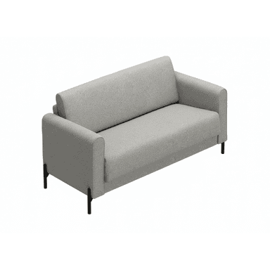A modern two-seater loveseat sofa, upholstered in a light grey textured fabric. It features a minimalist design with slim, rounded armrests, a slightly angled backrest, and four slender black metal legs. The overall aesthetic is clean and contemporary. — 3D model (AI enhanced source)