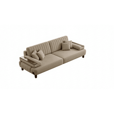 A modern sofa upholstered in a light beige fabric, featuring a distinctive channeled backrest and seat cushions. The arms are slightly curved with integrated wooden panels on top. The sofa appears to be composed of two separate seat sections and is supported by four dark, tapered wooden legs. It includes two decorative throw pillows matching the upholstery. — 3D model (AI enhanced source)