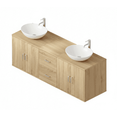 A modern, wall-mounted double basin bathroom vanity featuring a light wood-look laminate finish. The unit includes two white ceramic vessel sinks, each paired with a contemporary silver-toned single-handle faucet. The vanity provides ample storage with two sets of double-door cabinets and a central section of three drawers, all fitted with silver bar pulls. — 3D model (AI enhanced source)